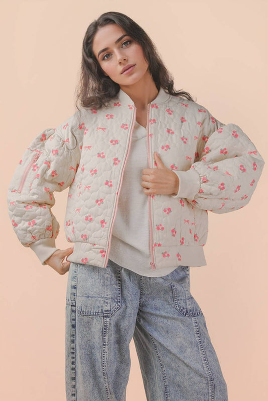 Floral Printed Quilted Oversized Casual Jacket