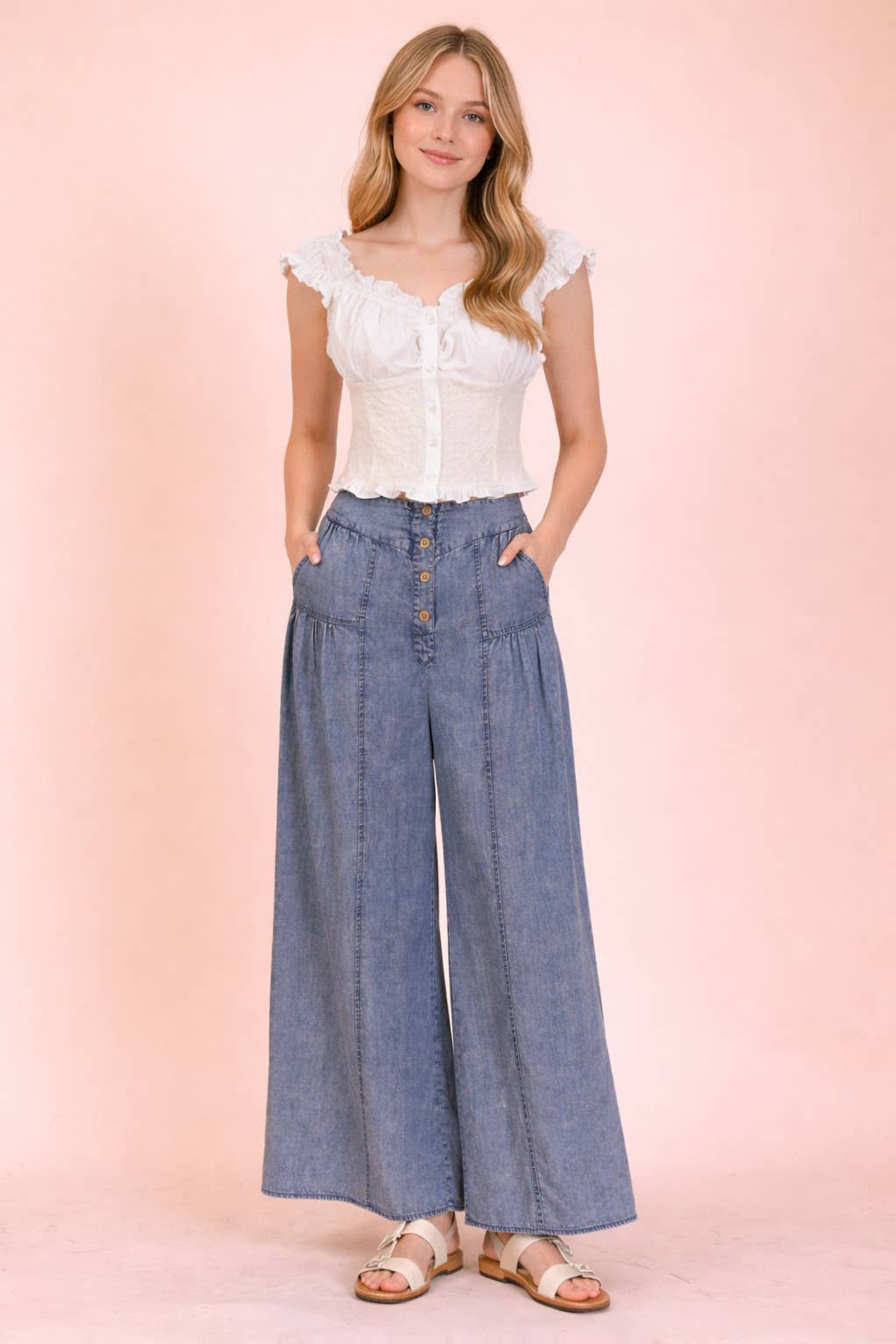 Eyelet Off Shoulder Button Down Blouse Top