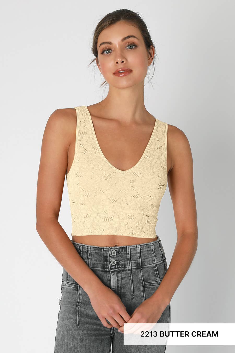 Lace V Neck Tank Top: 2213 Butter Cream