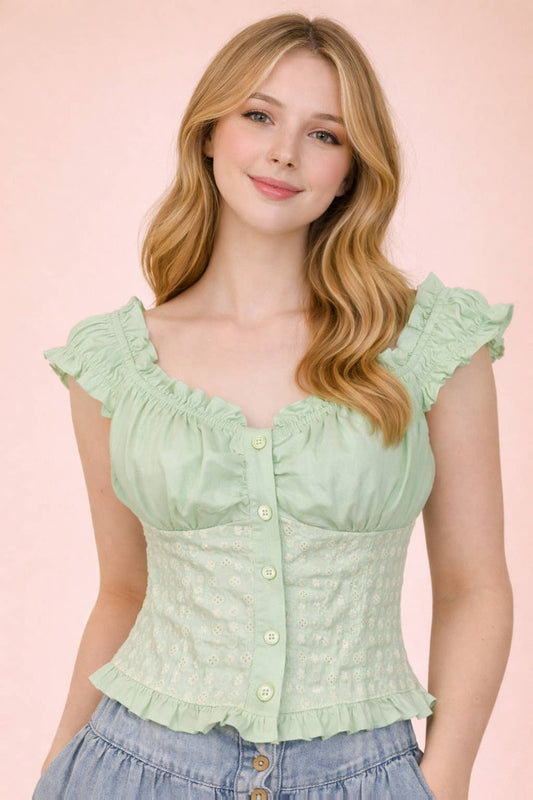 Eyelet Off Shoulder Button Down Blouse Top