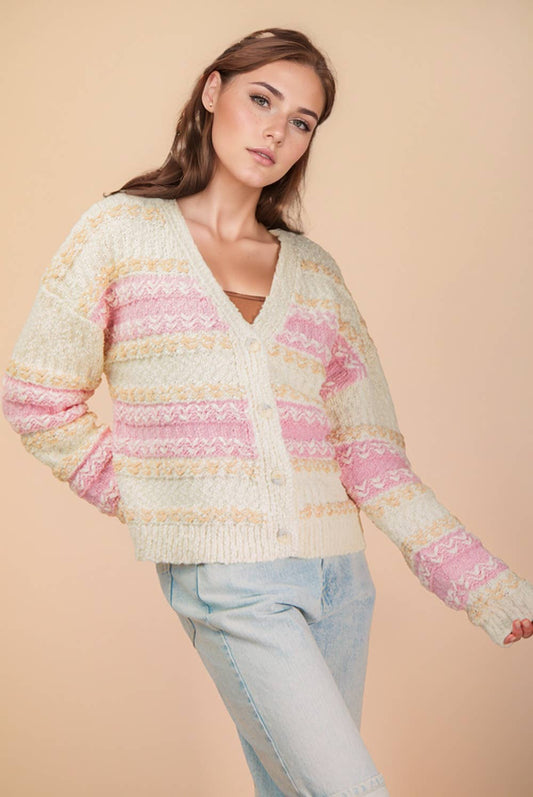 Multi Color Textured Knit Sweater Cardigan