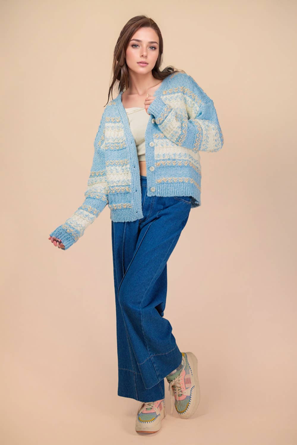 Multi Color Textured Knit Sweater Cardigan