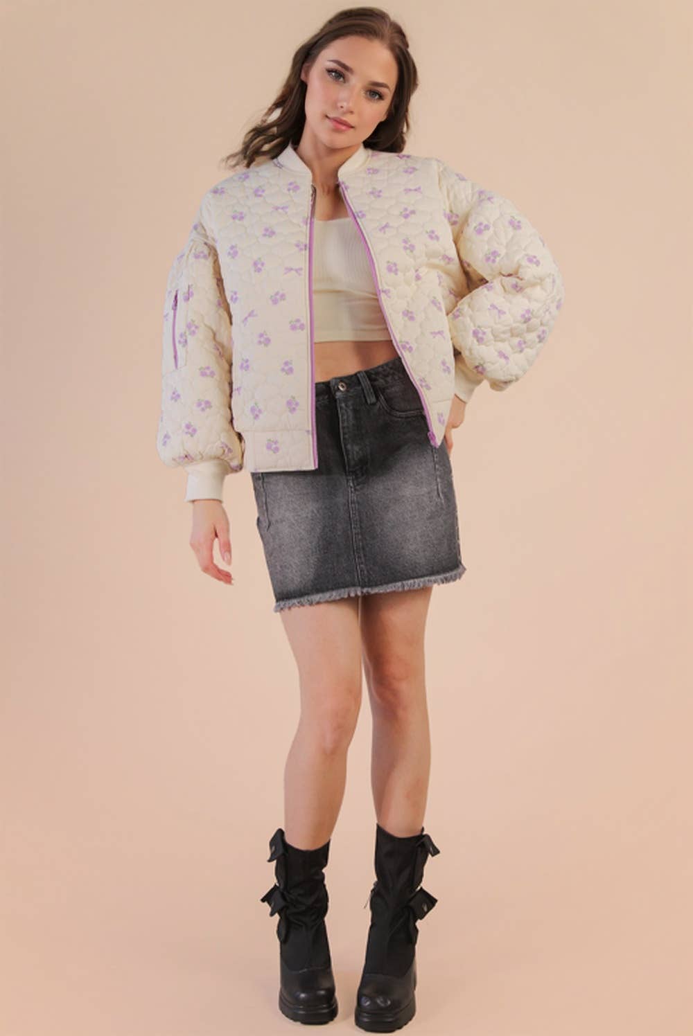Floral Printed Quilted Oversized Casual Jacket
