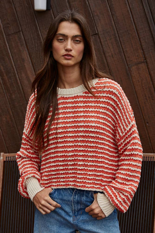 W2065 | Knit Sweater Striped Drop Shoulder Textured Pullover