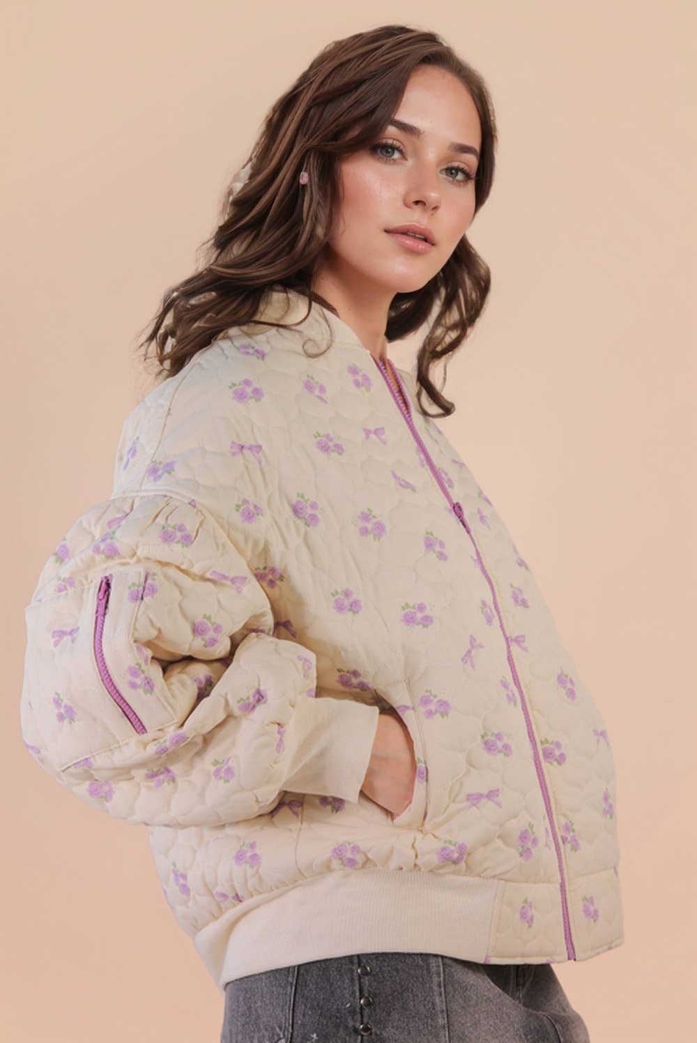 Floral Printed Quilted Oversized Casual Jacket