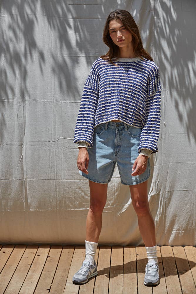 W2065 | Knit Sweater Striped Drop Shoulder Textured Pullover