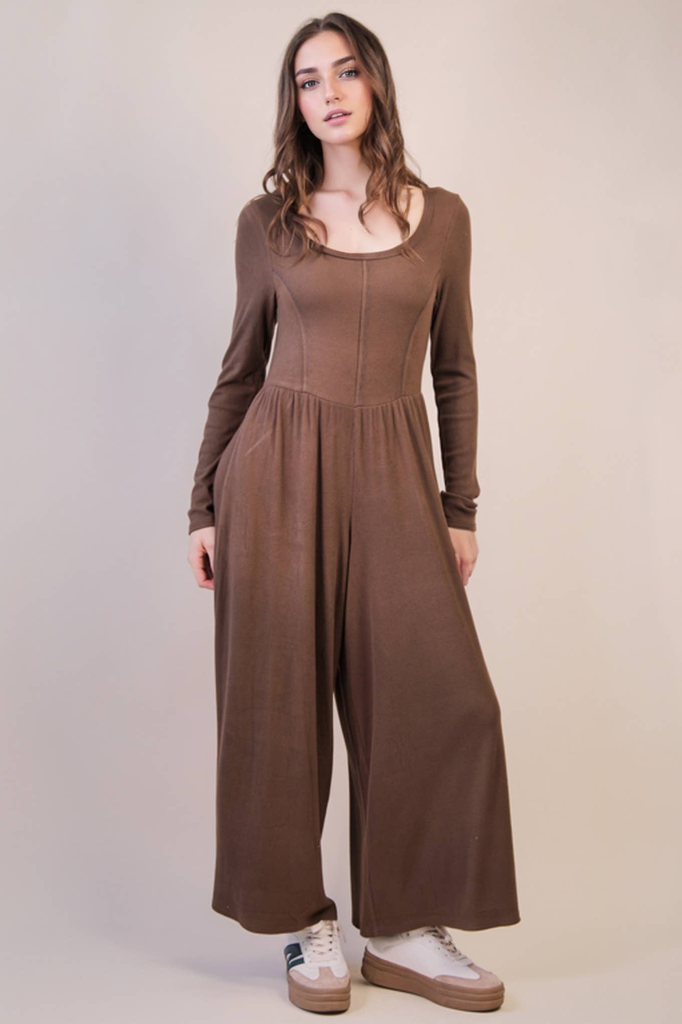 NP70910-Wide Leg Solid Knit Casual Jumpsuit