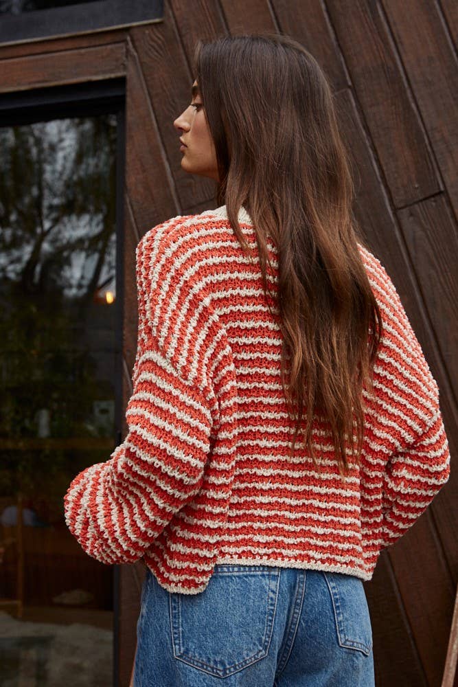 W2065 | Knit Sweater Striped Drop Shoulder Textured Pullover