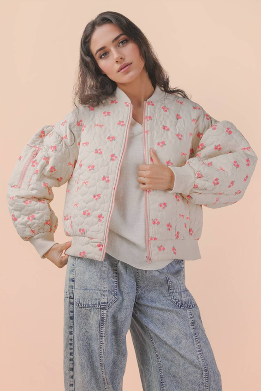 Floral Printed Quilted Oversized Casual Jacket