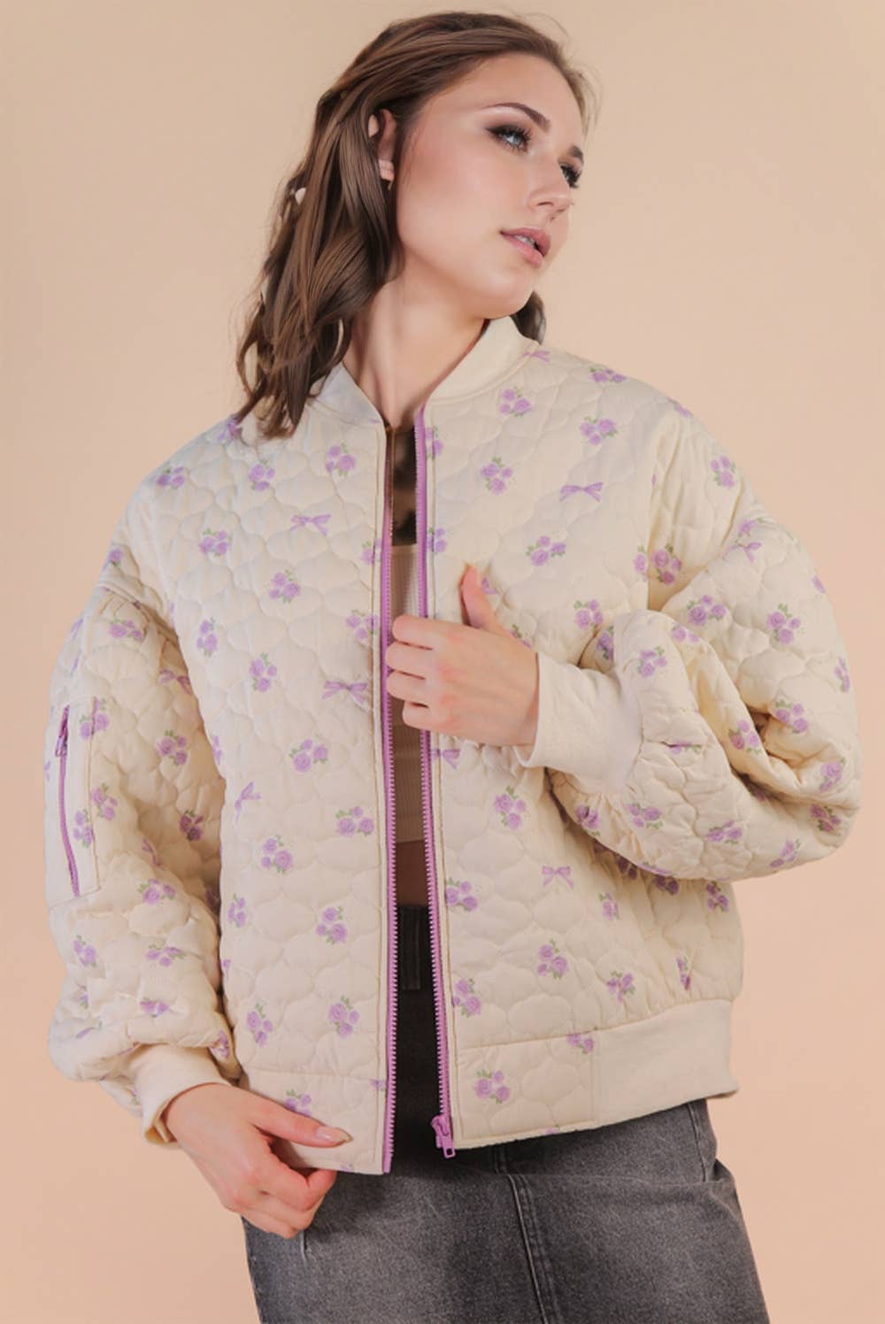 Floral Printed Quilted Oversized Casual Jacket