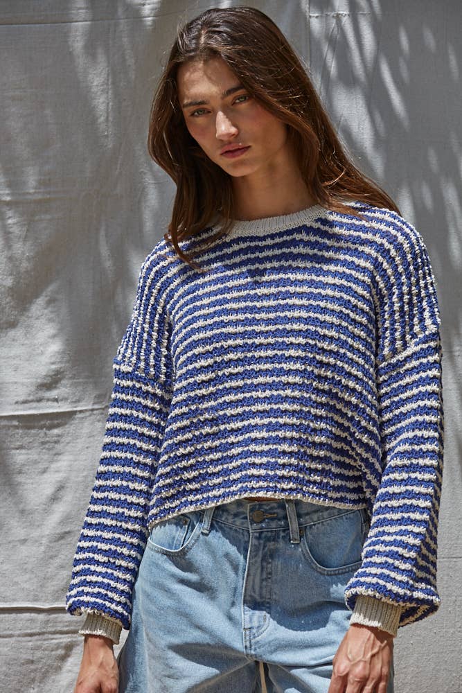 W2065 | Knit Sweater Striped Drop Shoulder Textured Pullover