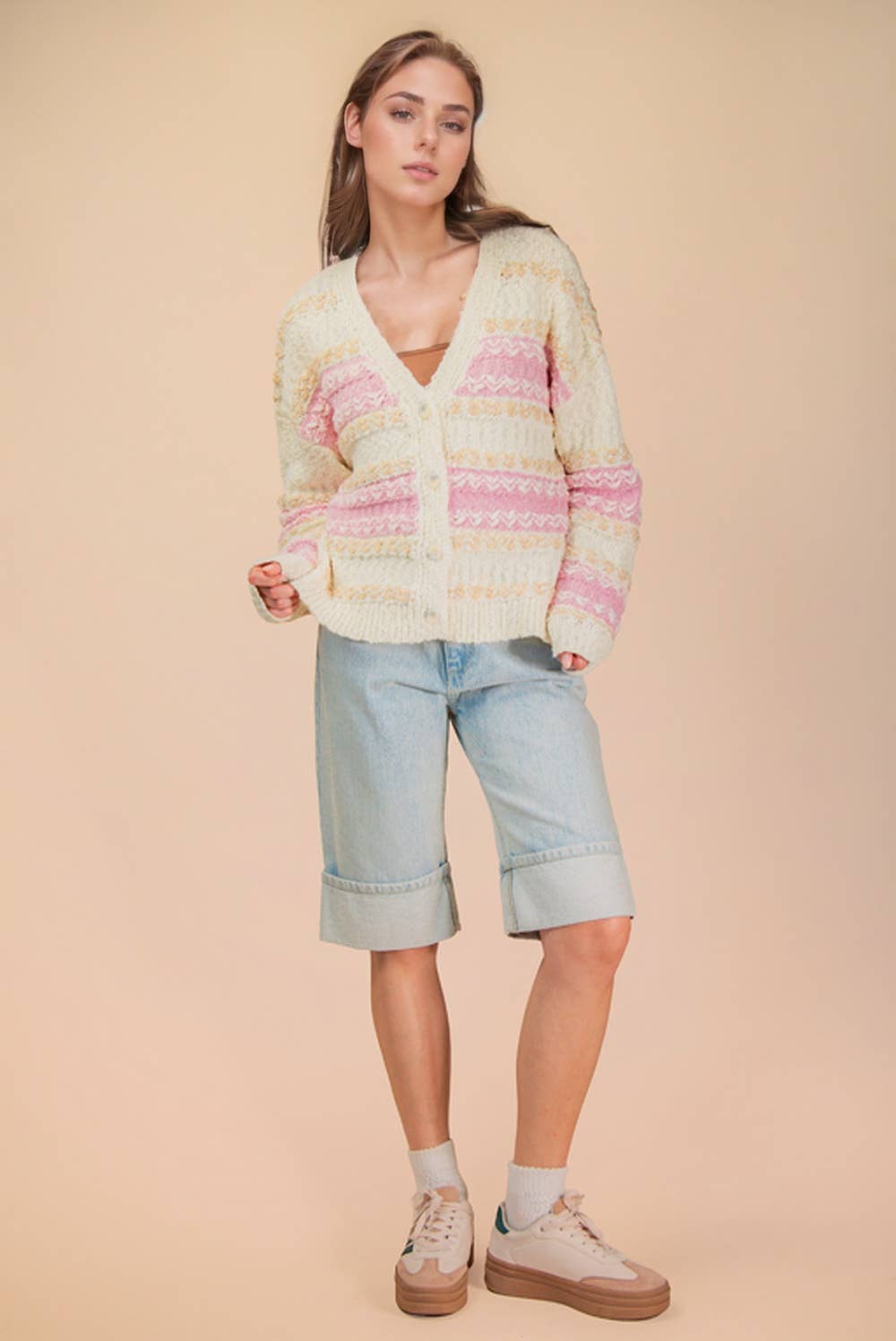 Multi Color Textured Knit Sweater Cardigan