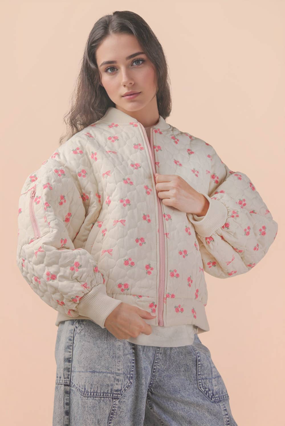 Floral Printed Quilted Oversized Casual Jacket