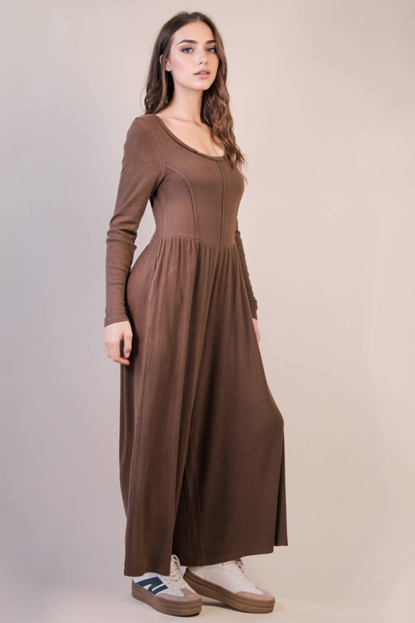 NP70910-Wide Leg Solid Knit Casual Jumpsuit