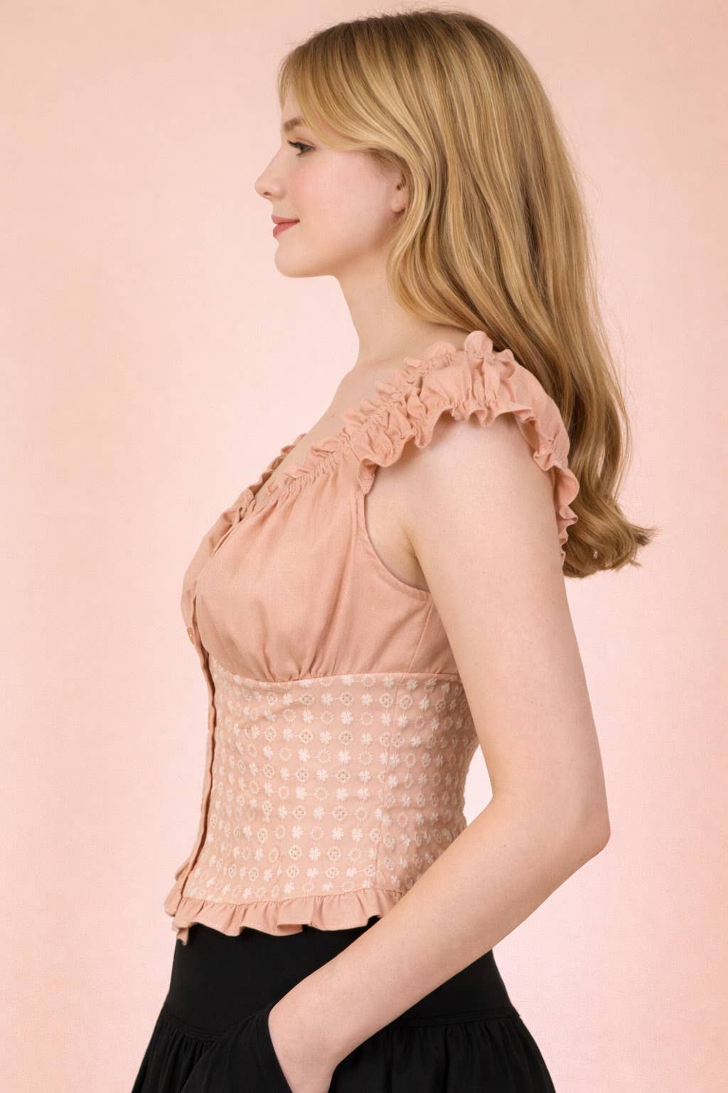 Eyelet Off Shoulder Button Down Blouse Top