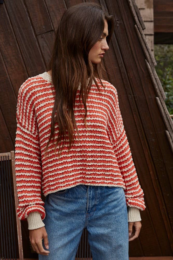 W2065 | Knit Sweater Striped Drop Shoulder Textured Pullover