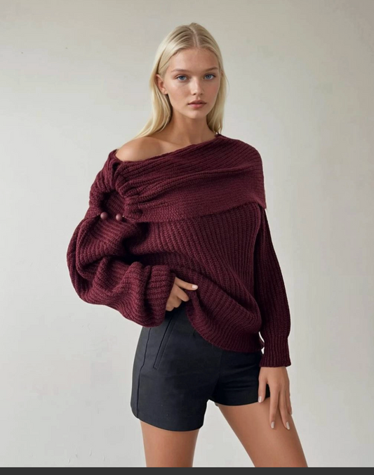 Maroon Draped Off-The-Shoulder Sweater