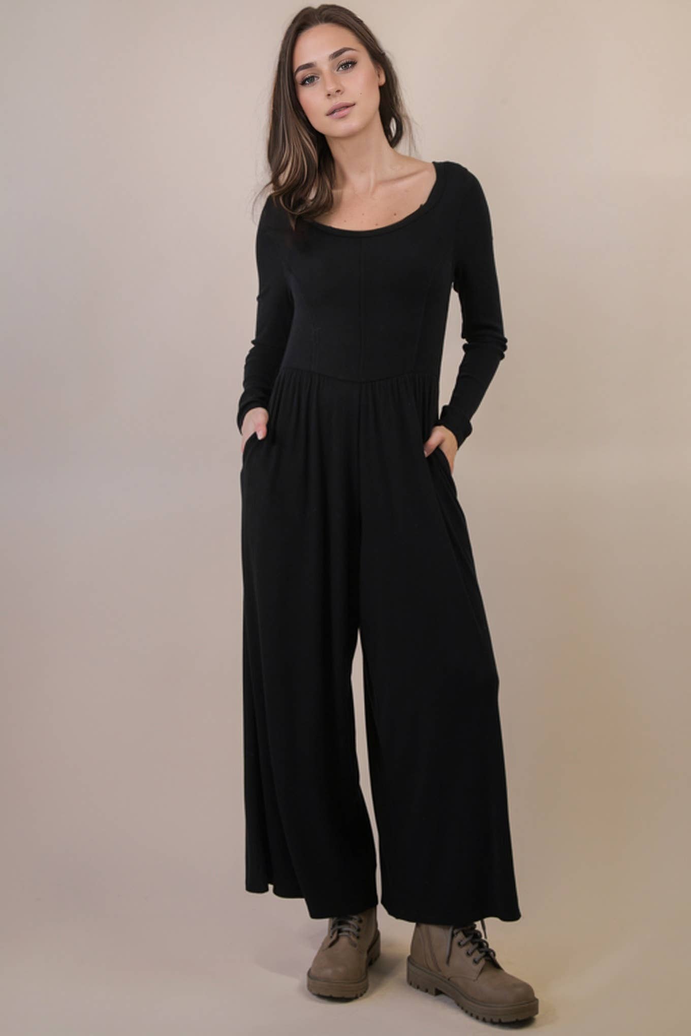 NP70910-Wide Leg Solid Knit Casual Jumpsuit