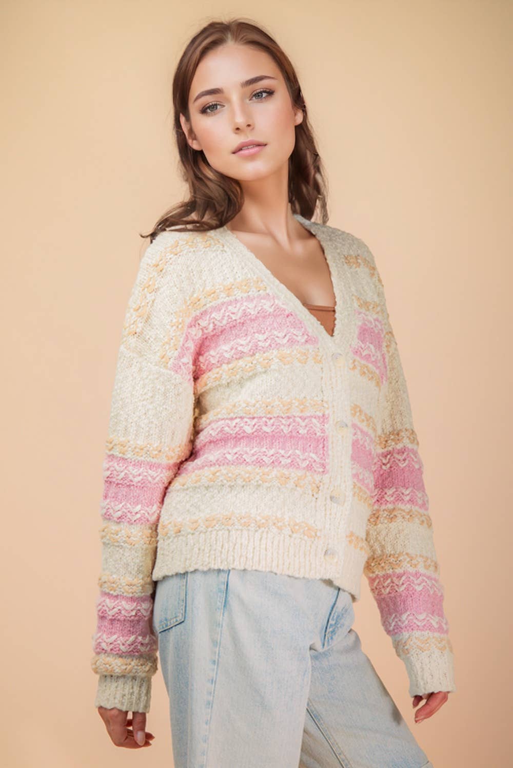 Multi Color Textured Knit Sweater Cardigan
