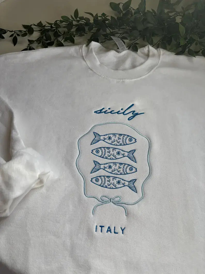 Sardines Sicily Italy Embroidered Crewneck