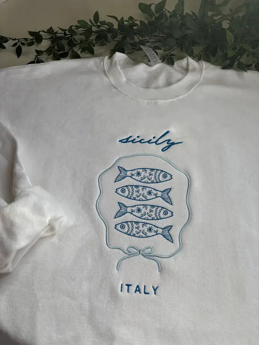 Sardines Sicily Italy Embroidered Crewneck