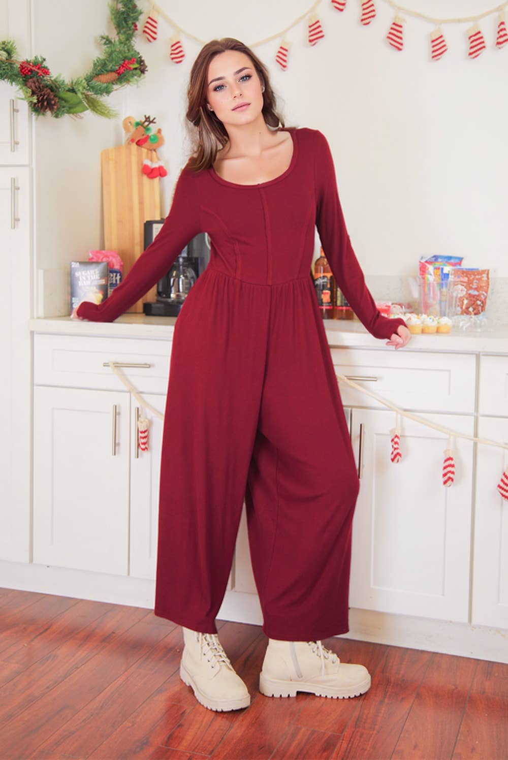 NP70910-Wide Leg Solid Knit Casual Jumpsuit