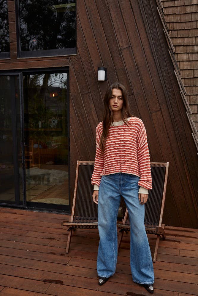 W2065 | Knit Sweater Striped Drop Shoulder Textured Pullover