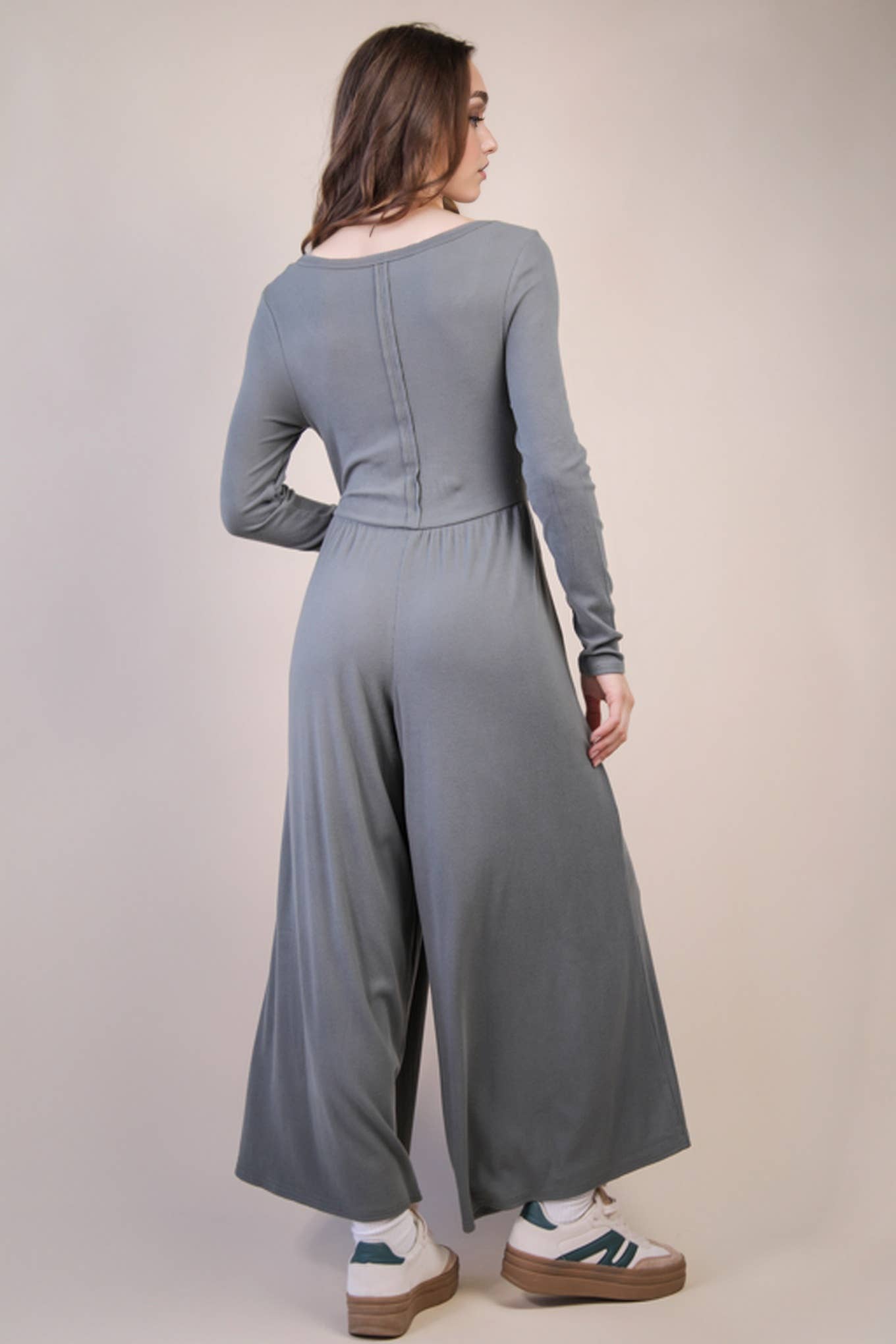 NP70910-Wide Leg Solid Knit Casual Jumpsuit