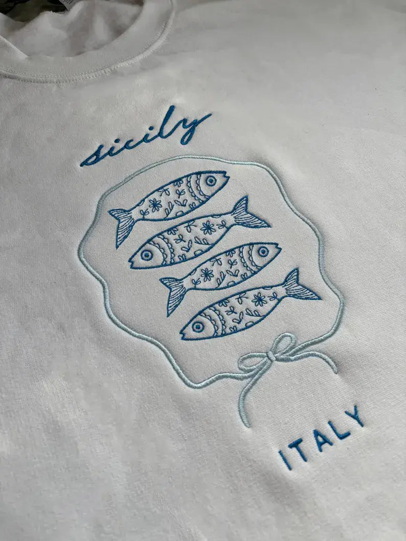 Sardines Sicily Italy Embroidered Crewneck