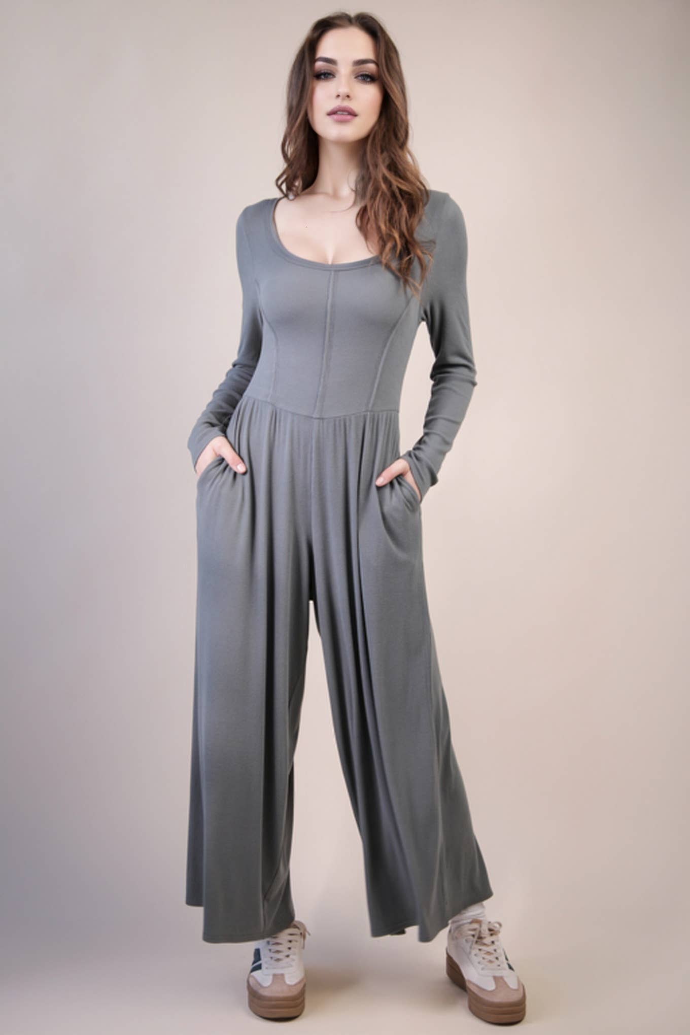 NP70910-Wide Leg Solid Knit Casual Jumpsuit