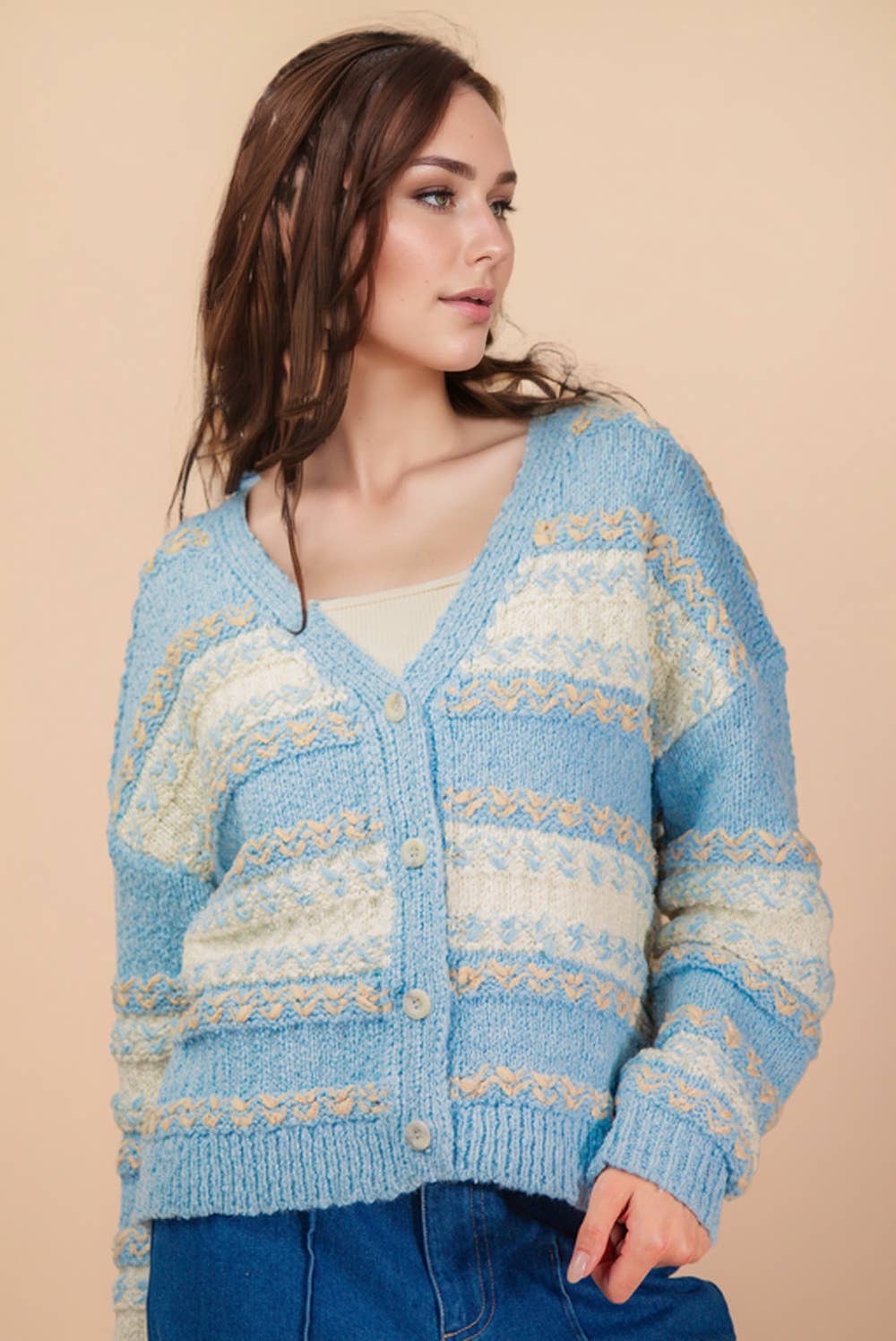 Multi Color Textured Knit Sweater Cardigan