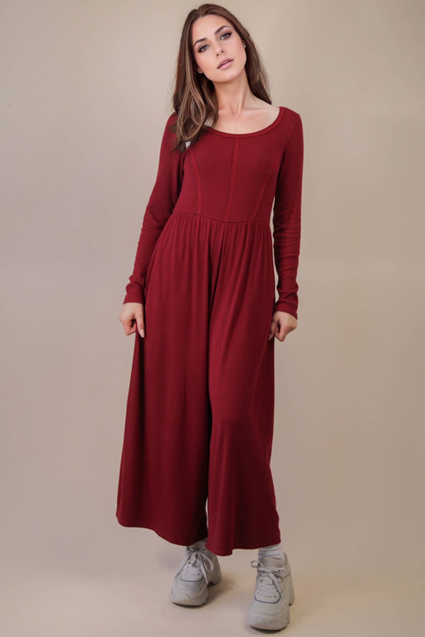 NP70910-Wide Leg Solid Knit Casual Jumpsuit