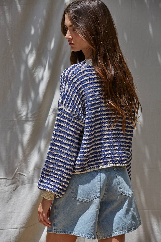 W2065 | Knit Sweater Striped Drop Shoulder Textured Pullover