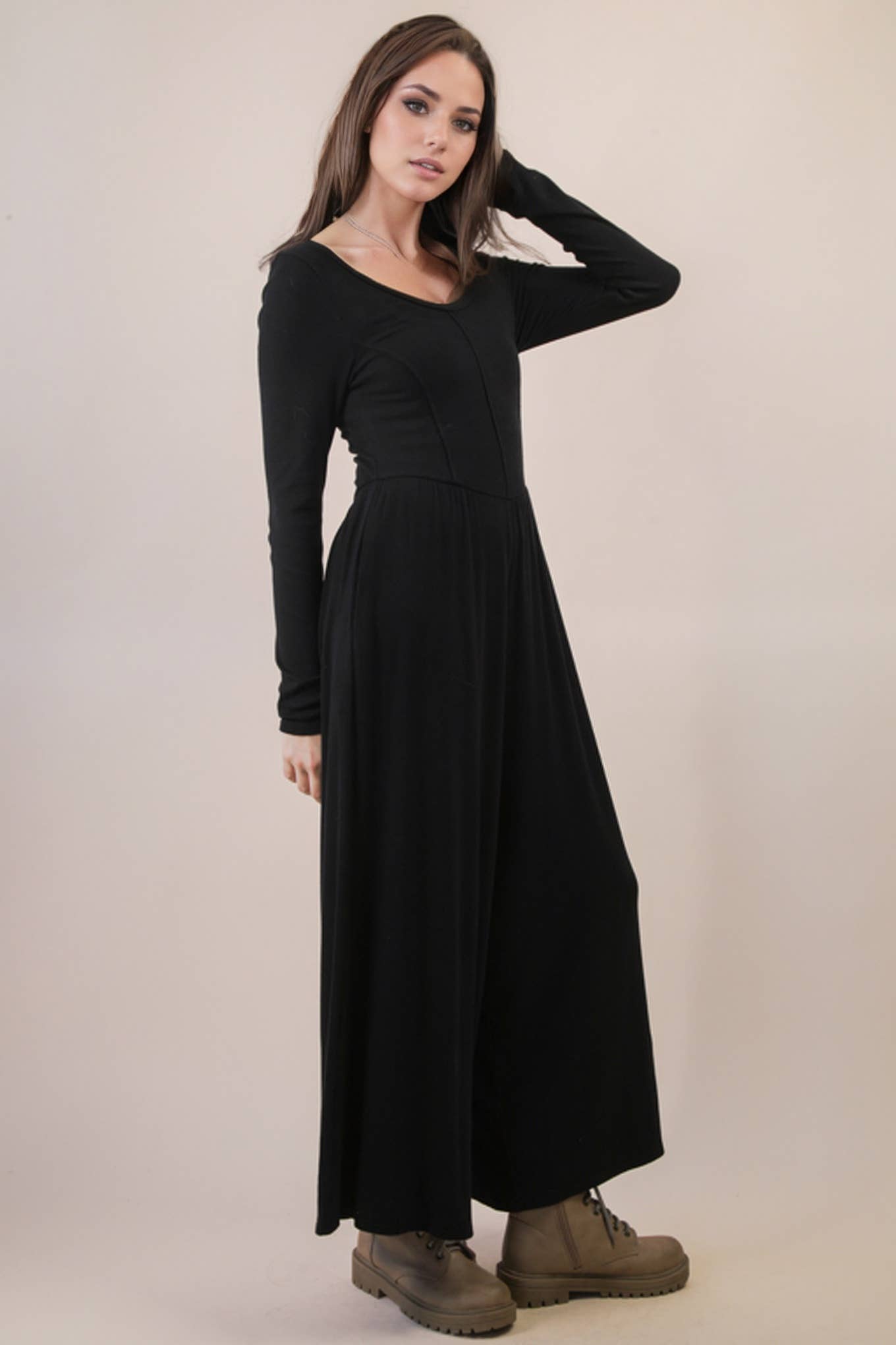 NP70910-Wide Leg Solid Knit Casual Jumpsuit